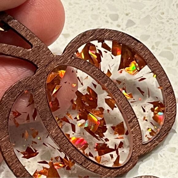 Halloween Thanksgiving Pumpkin Wood Texture Acrylic Glitter Hollow Earrings - Picture 5 of 11
